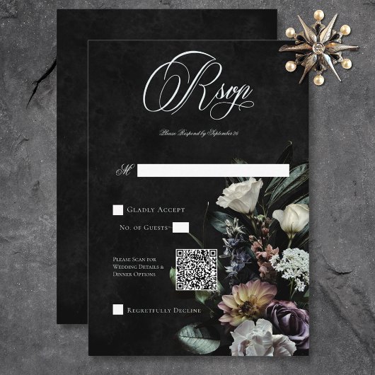 Dunkel-gotische geheimnisvolle Mute-Floral QR-Code RSVP Karte