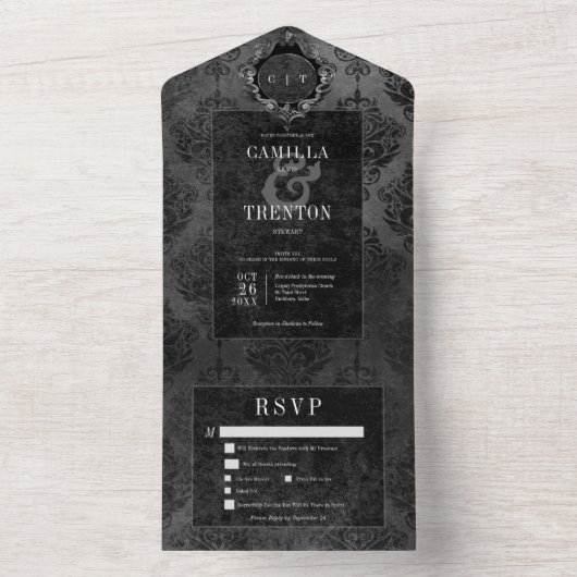 Dunkel-gotische Schwarz-schwarze Damaskus-Abendess All In One Einladung (Innen Boden)