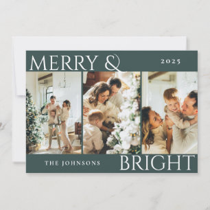 Dunkel grünes Merry & Bright Foto Collage Weihnach Feiertagskarte