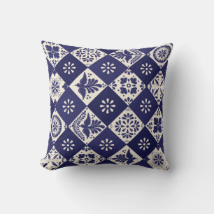 Dunkel Indigo Beige Mexikanische Florale Vögel Tal Kissen