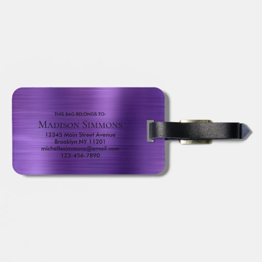 Dunkel Lila gebürstetes Monogramm-Glam Gepäckanhänger (Rückseite horizontal)