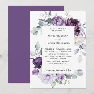 Dunkel Lila, Lavendel, Weiße Blumenhochzeit Einladung