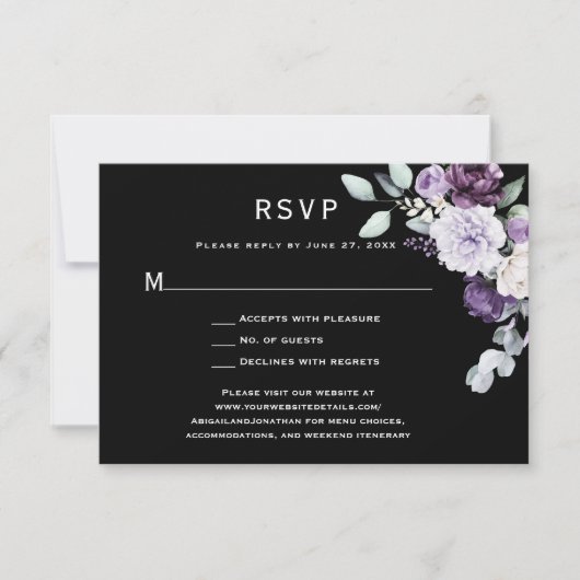 Dunkel Lila, Lavendelpeony, Weiße Rose Schwarz RSVP Karte (Vorderseite)