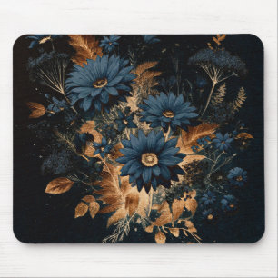 Dunkel Marineblau und Gold Rustikale Blumen Boho Mousepad
