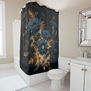 Dunkel Marineblau und Gold Rustikale Florale Boho Duschvorhang