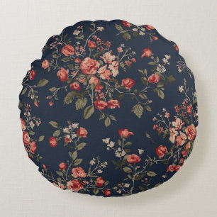 Dunkel marineblaues rotes Salbei Cottage Blumenmus Rundes Kissen