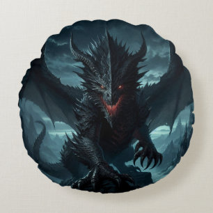 Dunkel, mittelalterlicher Drache Rundes Kissen
