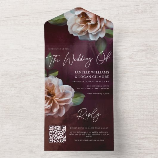 Dunkel + Moody Rustic Floral Wedding QR Code All In One Einladung (Innen Boden)