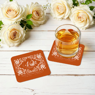 Dunkel-orange Shabby Chic 40. Hochzeitsjubiläums-U Rechteckiger Pappuntersetzer
