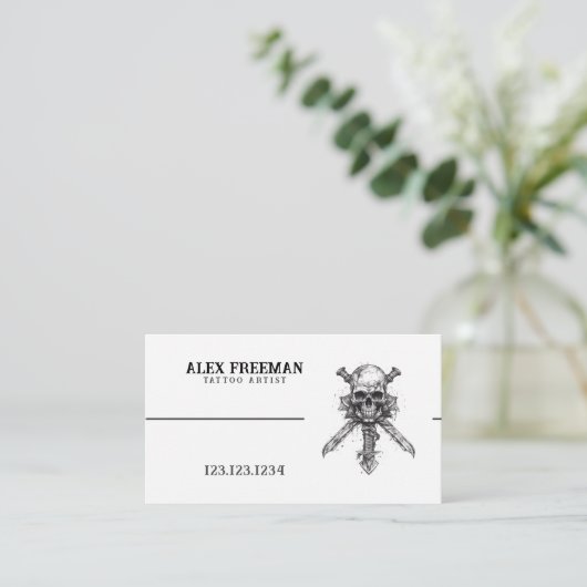 Dunkel Schwarz und Weiß Schwert Schädel Tattoo Art Visitenkarte (Stehend Vorderseite)