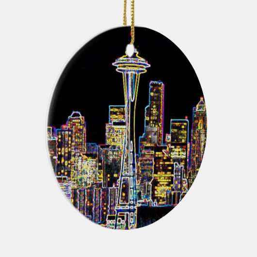 Dunkel sei die Nacht - Leuchtende Seattle Skyline Keramik Ornament (Rechts)
