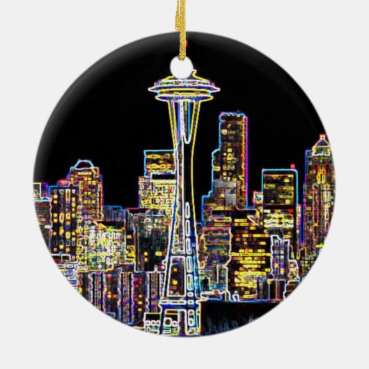 Dunkel sei die Nacht - Leuchtende Seattle Skyline Keramik Ornament (Hinten)