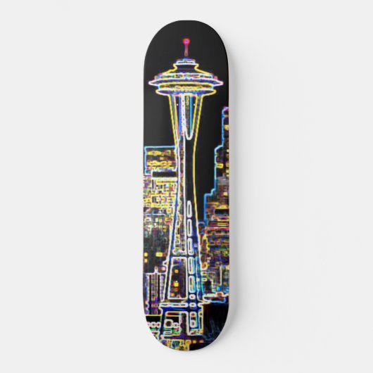 Dunkel sei die Nacht - Leuchtende Seattle Skyline Skateboard (Vorderseite)