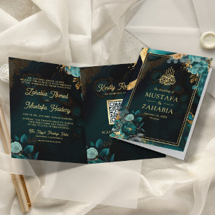 Dunkel Türkis Gold Blumen QR Code Muslimische Hoch Einladung