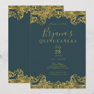 Dunkel Türkis & Goldene Spitze Elegante Quinceañer Einladung