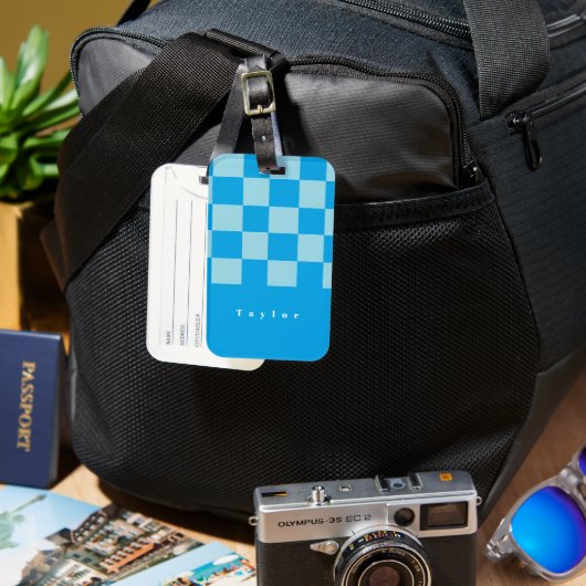 Dunkel und hellblau quadratische Blockmuster Gepäckanhänger (Vorderseite & Rückseite)