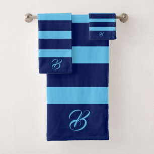 Dunkel und hellblauer Streifen Monogramm Badetuch Badhandtuch Set