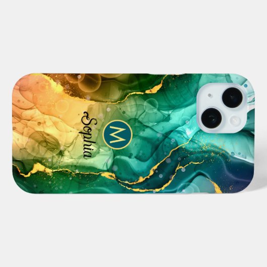 Dunkelblau Aquamarin gelbe grüne Flüssig-Tinte, Mo Case-Mate iPhone Hülle (Rückseite (Horizontal))