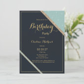 Dunkelblau aquamariner Glitzer geometrisch Geburts Einladung (Stehend Vorderseite)