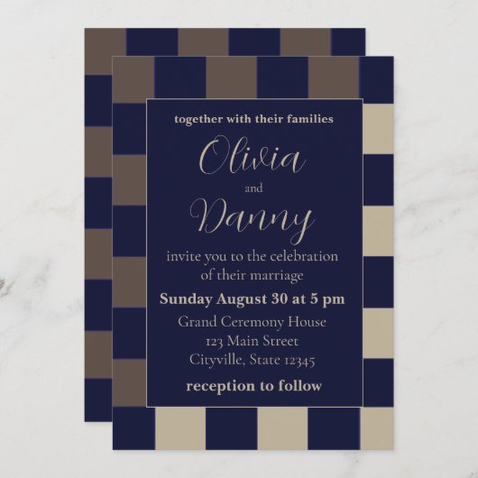 Dunkelblau-braune Hochzeit Einladung (Vorne/Hinten)