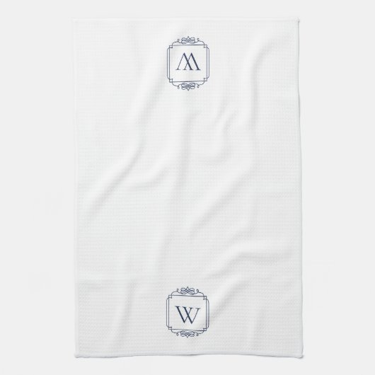 Dunkelblau | Einfache Monogramm klassischer Rahmen Geschirrtuch (Vertikal)