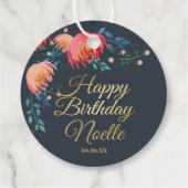 Dunkelblau, elegant, Whimsikale Blume, Goldakzent Geschenkanhänger (Rückseite)