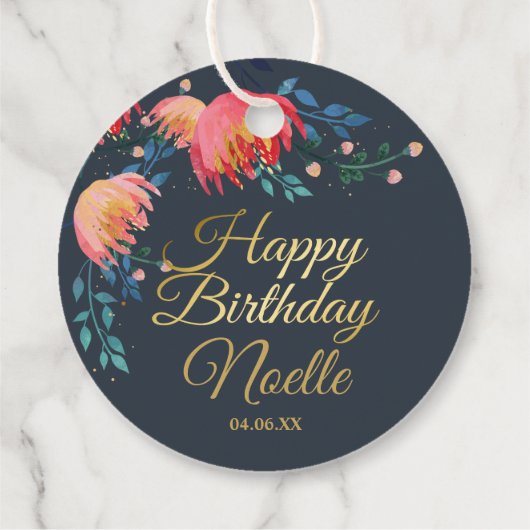 Dunkelblau, elegant, Whimsikale Blume, Goldakzent Geschenkanhänger (Rückseite)