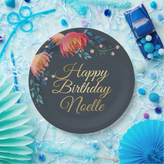 Dunkelblau, elegant, Whimsikale Blume, Goldakzent Pappteller (Party)