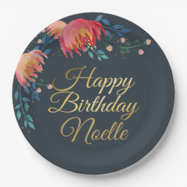 Dunkelblau, elegant, Whimsikale Blume, Goldakzent Pappteller