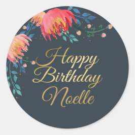 Dunkelblau, elegant, Whimsikale Blume, Goldakzent Runder Aufkleber