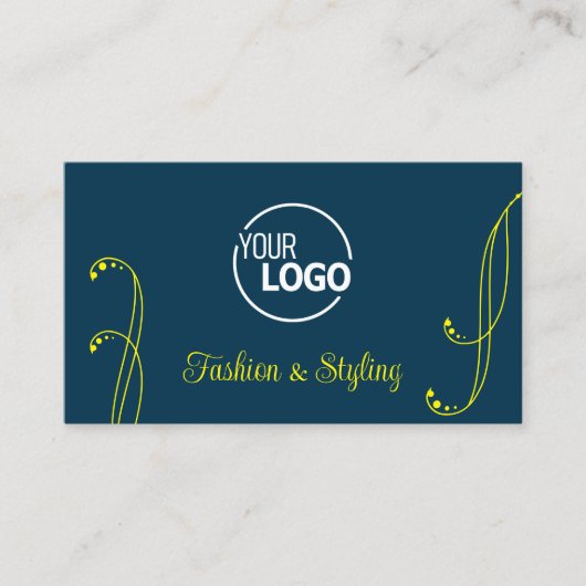 Dunkelblau Gelb Cool Verziert mit Logo und Foto Visitenkarte (Vorderseite)