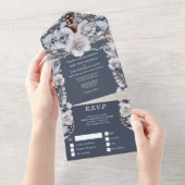 Dunkelblau graue Rose All In One Einladung (Abreißen)