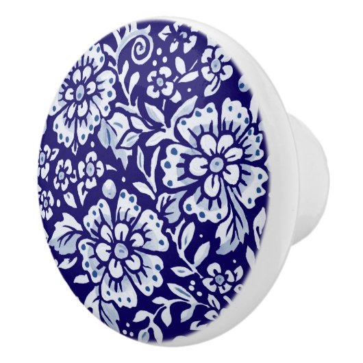 Dunkelblau Große Blumenmuster Holzmarche Keramikknauf (Rechts)