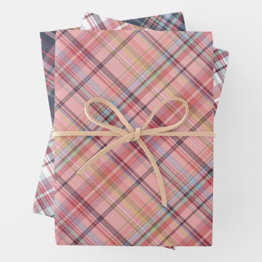 Dunkelblau hellblau Korallenrot Rosa Kariert Geschenkpapier Set (Beispiel)