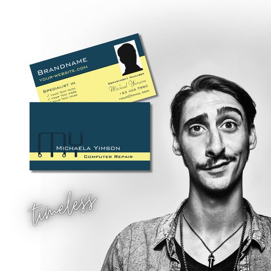 Dunkelblau hellgelb mit Monogramm und Foto Visitenkarte