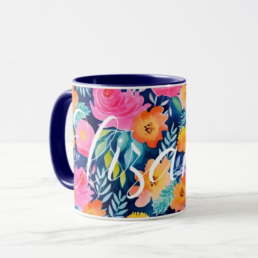 Dunkelblau Hot Pink Gelb Happy Blauer Individuelle Tasse (Vorderseite Links)