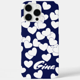 Dunkelblau, Individuelle Name Template, Weiße Herz iPhone 16 Pro Max Hülle