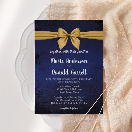 Dunkelblau mit Gold Bow Hochzeitseinladung Save The Date