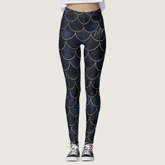 Dunkelblau mit Goldskala Personalisierte Meerjungf Leggings (Vorderseite)