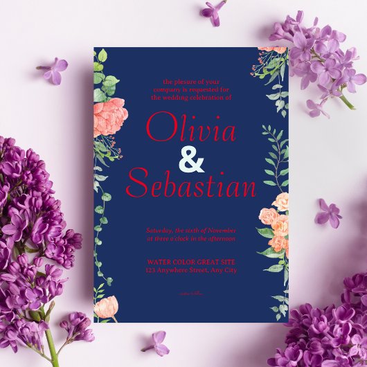 Dunkelblau mit roter Typografie, elegante Hochzeit Einladung