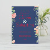 Dunkelblau mit roter Typografie, elegante Hochzeit Einladung (Stehend Vorderseite)