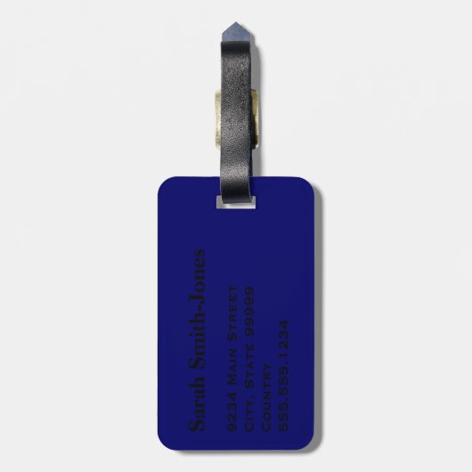 Dunkelblau mit schwarzem Text Gepäckanhänger (Rückseite vertikal)