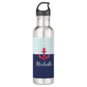 Dunkelblau, nautischer Roter Anker Personalisiert Trinkflasche (Vorderseite)