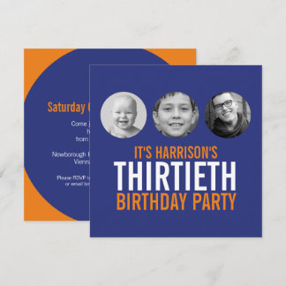 Dunkelblau orange 30. Foto Geburtstag Einladung