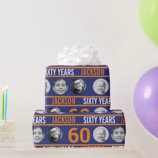 Dunkelblau orange 60. Foto Geburtstag Geschenkpapier (Partygeschenke)