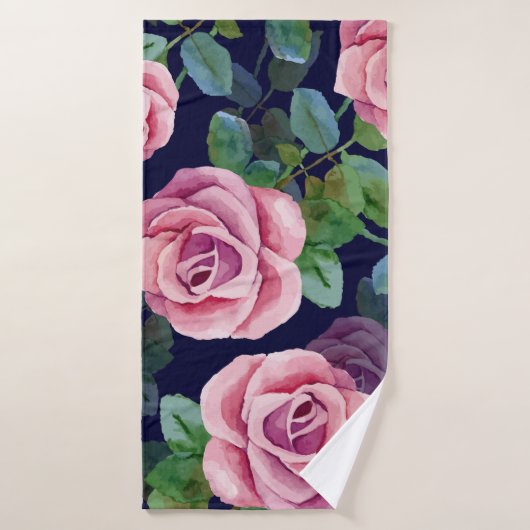 Dunkelblau, rosa Rosen Wasserfarbe. Badehandtuch (Badehandtuch)