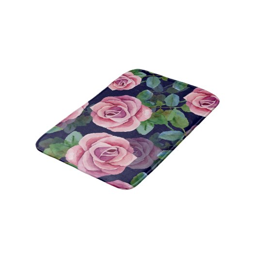 Dunkelblau, rosa Rosen Wasserfarbe. Badematte (Schrägansicht)