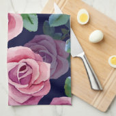 Dunkelblau, rosa Rosen Wasserfarbe. Geschirrtuch (Viertel Falte)