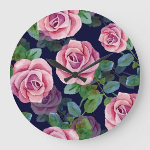 Dunkelblau, rosa Rosen Wasserfarbe. Große Wanduhr