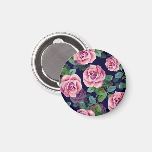 Dunkelblau, rosa Rosen Wasserfarbe. Magnet (Vorderseite/Rückseite)